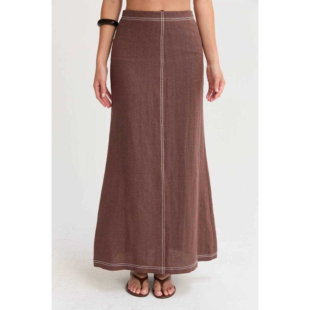 NEW CRESCENT kenzy contrast stitch linen maxi skirt in brown